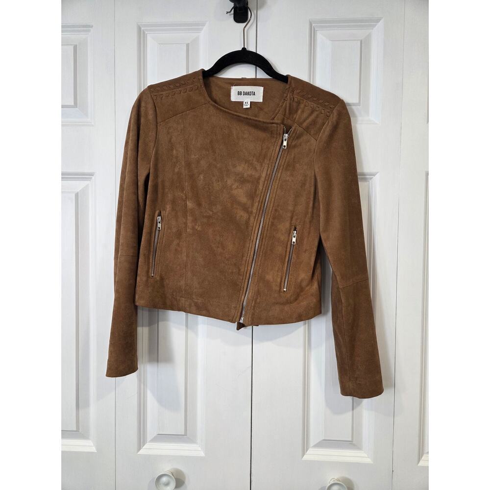 BB Dakota Brown Women’s Suede Feel Western Crop Moto Jacket Asymmetrical Zipper